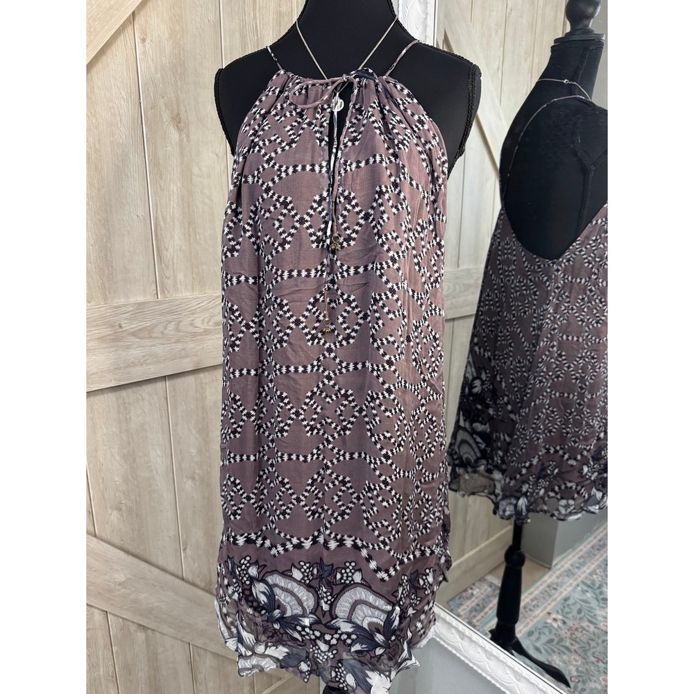 TJD Mauve Geometric Floral Halter Mini Dress with Bell Charms Size M